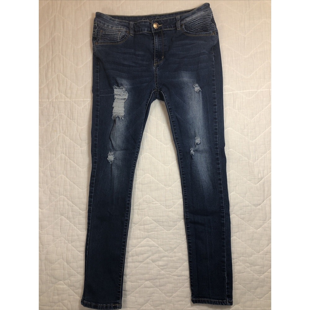 BamBoo Jeans Juniors Size 15 Denim‎ Blue Distressed Skinny Leg Mid Rise Women's